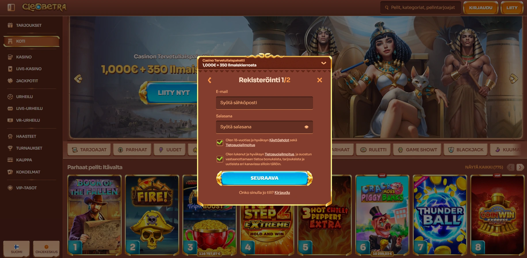 Cleobetra Casino -tilin avaaminen ja kirjautuminen